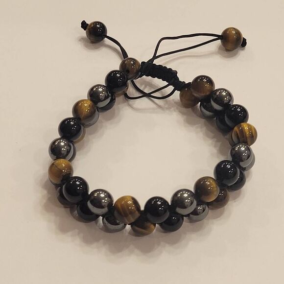Healing Bracelet Smooth Beaded Adjustable 8mm Black/Yellow/Gray - Picture 1 of 3